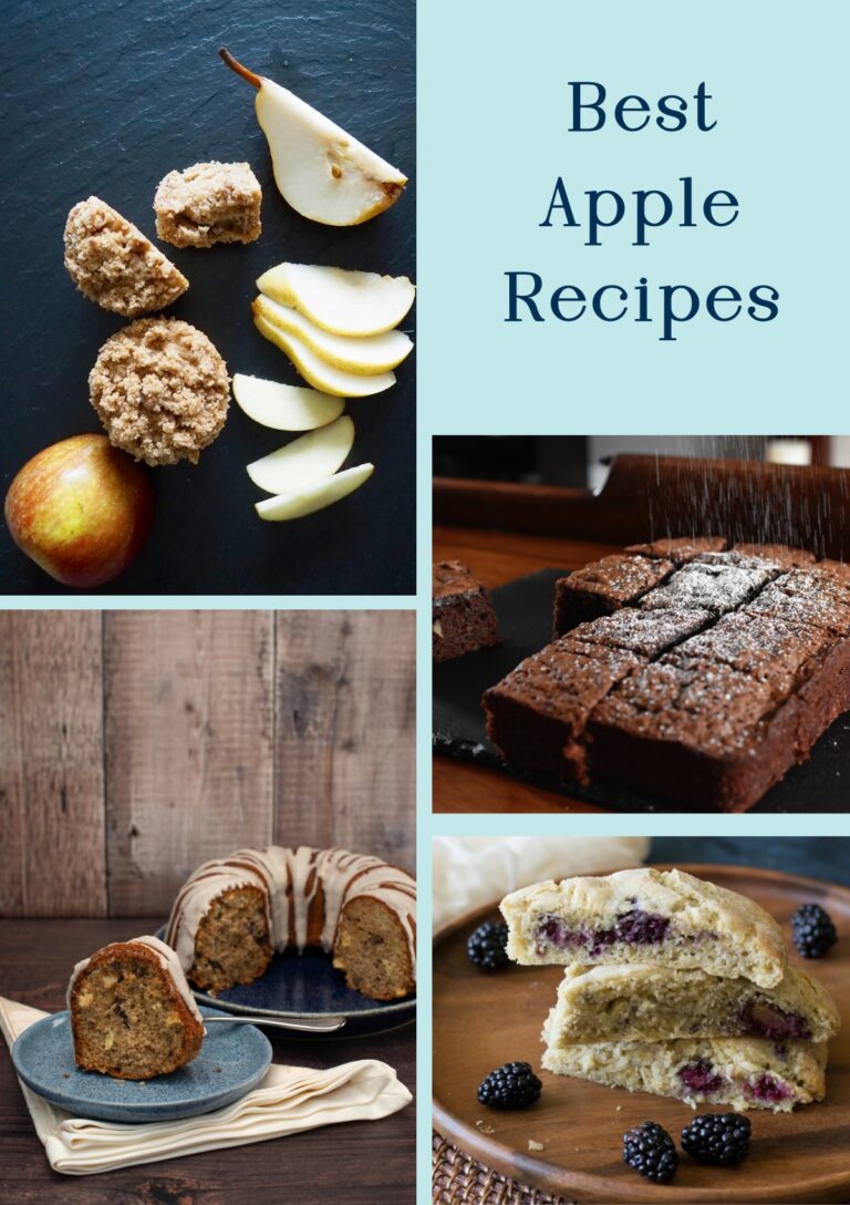 Best Apple recipes header image. Four photographs of different recipes including muffins, brownies, cake and scones.