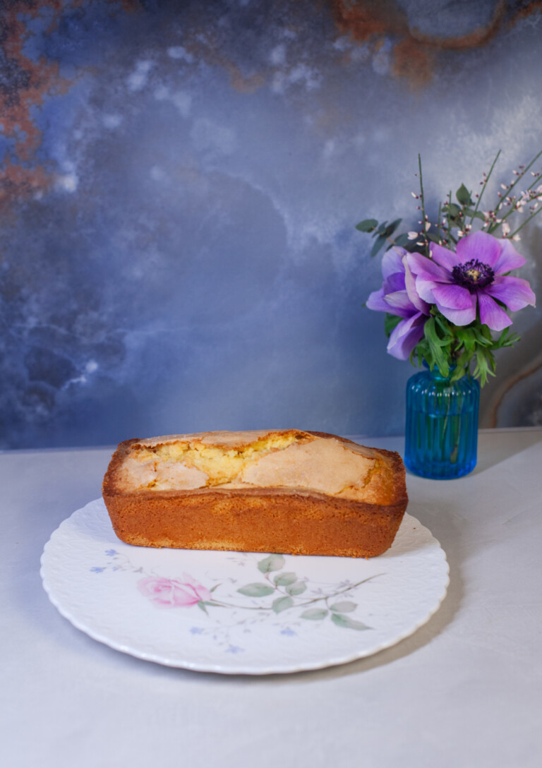 A whole Madeira Cake on a Mikasa April Rose china cake plate