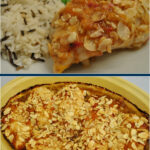 A photo of a serving of Apricot Almond Chicken served on a white plate above a photo of the same dish in a casserole
