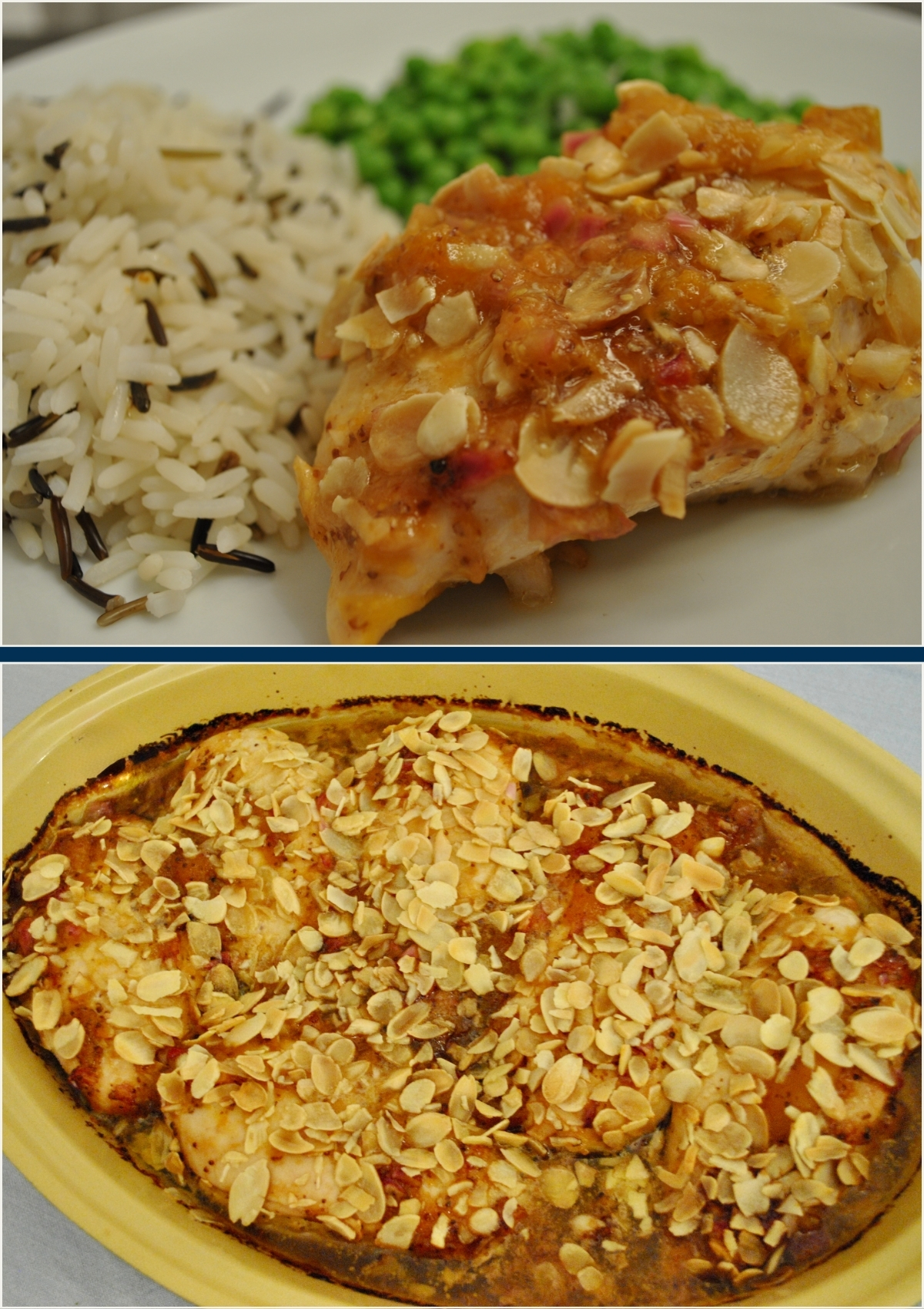 A photo of a serving of Apricot Almond Chicken served on a white plate above a photo of the same dish in a casserole