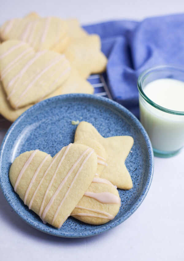Heart and star shaped Sugar Cookies on a blue plate