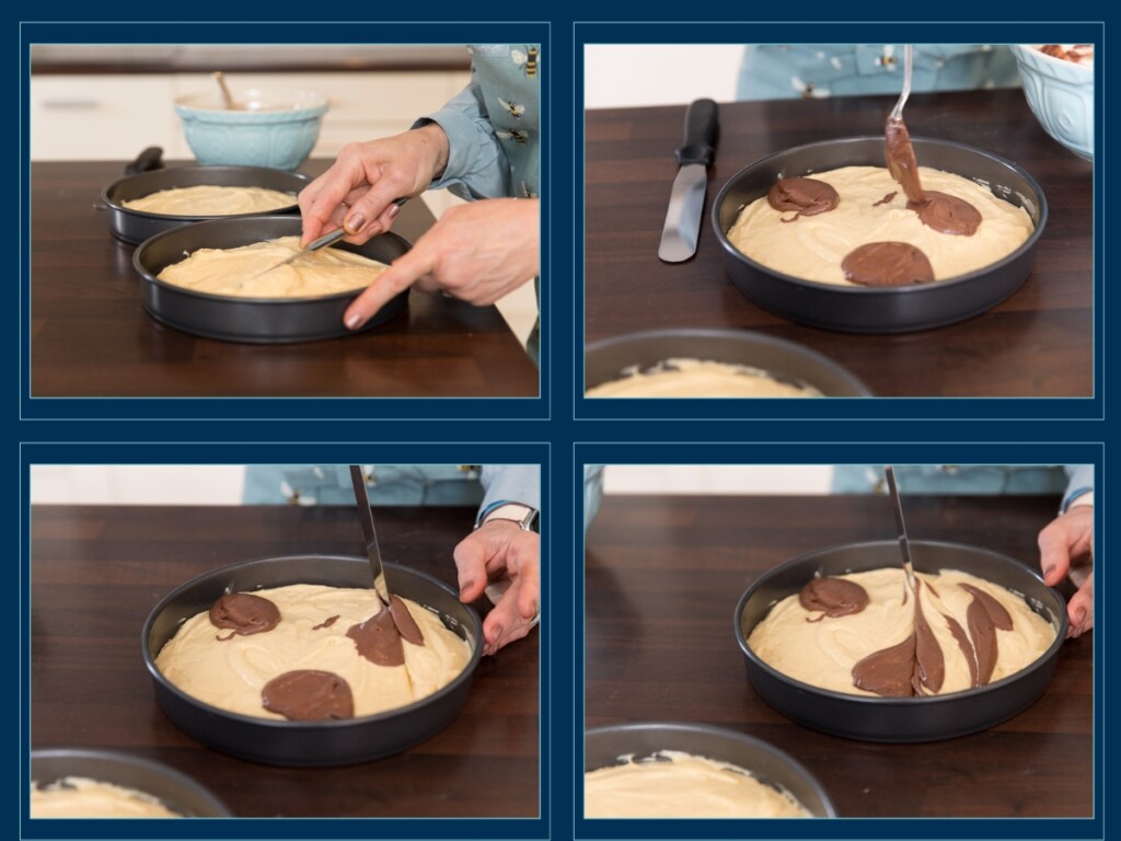 Four photographs showing how to marble a cake step by step