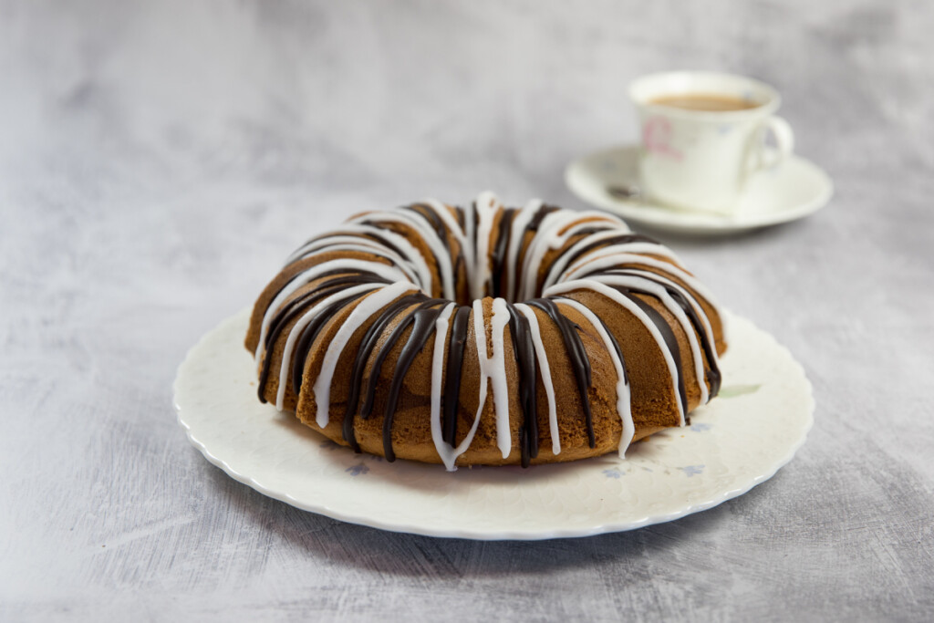 A marble cake (Bundt version) served on a cake plate