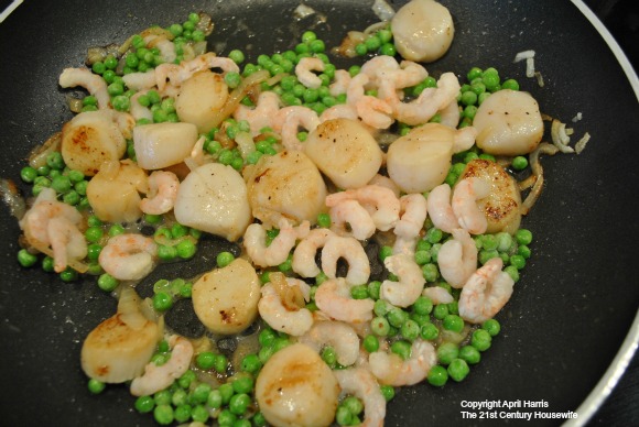 Shrimp, Scallops and Peas cooking