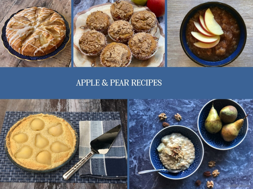A selection of apple and pear recipes including Pear Cake, apple and pear muffins, apple and pear sauce, pear tart and pear porridge