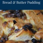 A photo of the corner of a casserole dish containing Mincemeat Bread and Butter Pudding