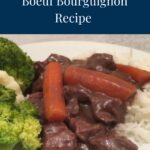 Easy Boeuf Bourguignon served over rice with broccoli on the side.