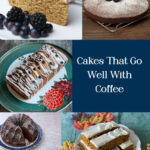 A collage of photographs of cakes that go well with coffee