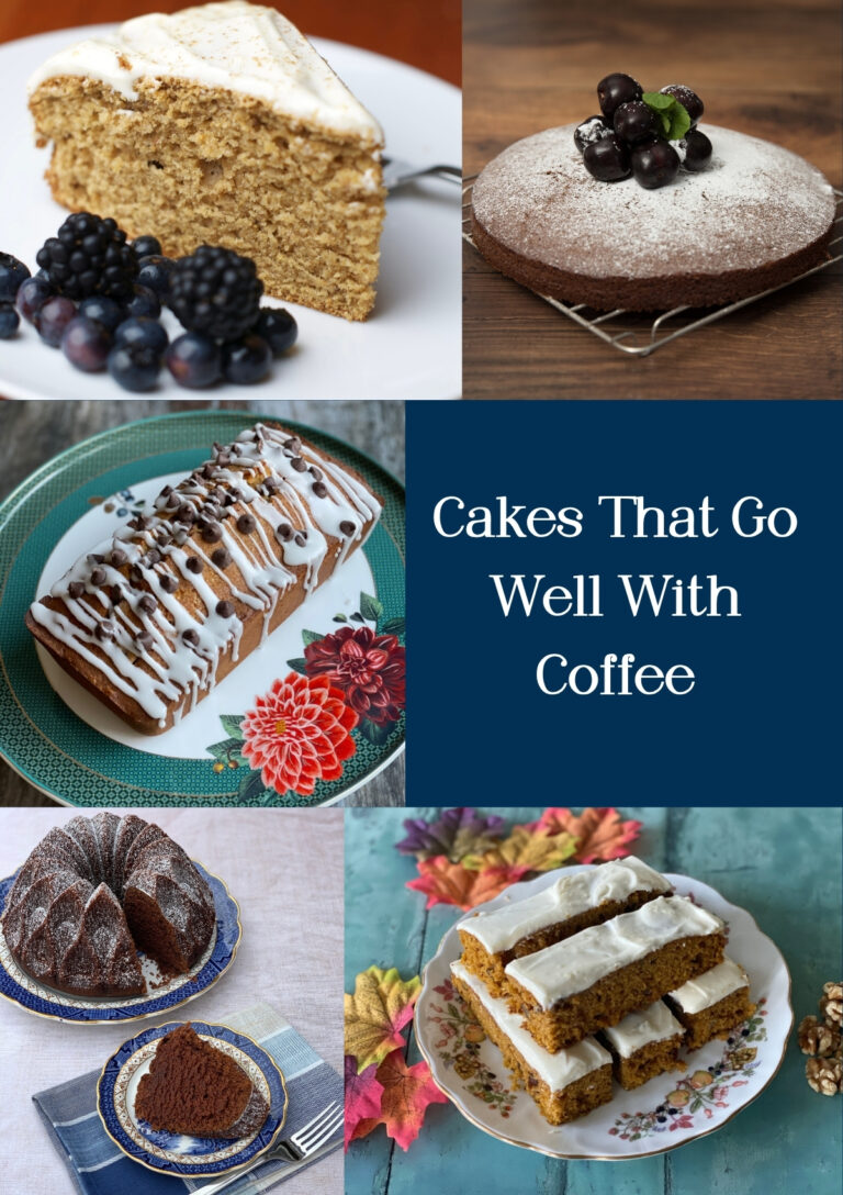 A collage of photographs of cakes that go well with coffee