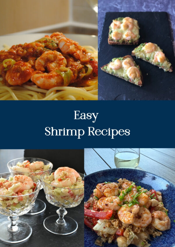 A collage with the words easy shrimp recipes including photos of Shrimp Primavera, Moroccan Shrimp, Shrimp and Crab Melts and Shrimp and Crab Appetiser salad