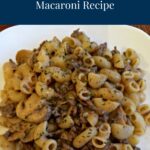 Beef Stroganoff Macaroni served on a white plate header image with words on a blue background.