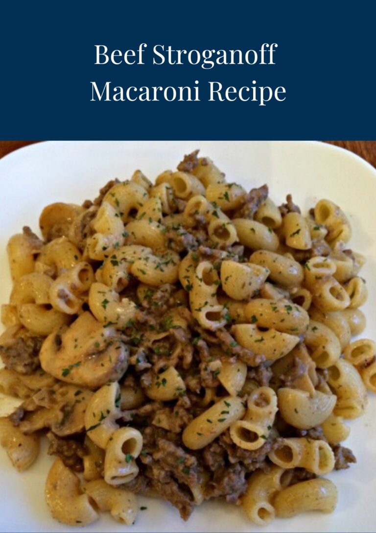 Beef Stroganoff Macaroni served on a white plate header image with words on a blue background.