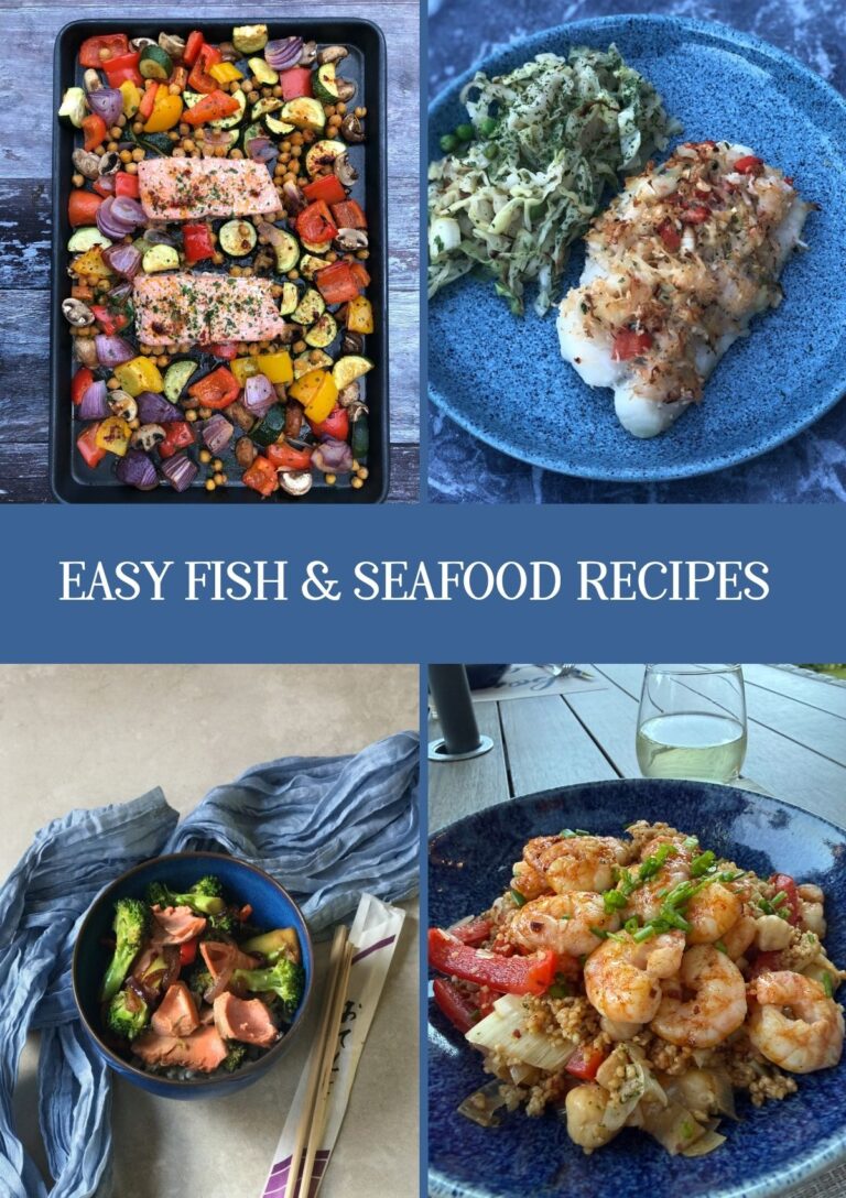 Four easy fish and seafood recipes in a featured image including crab topped cod, Moroccan shrimp, salmon and broccoli stir fry and salmon and roasted vegetables