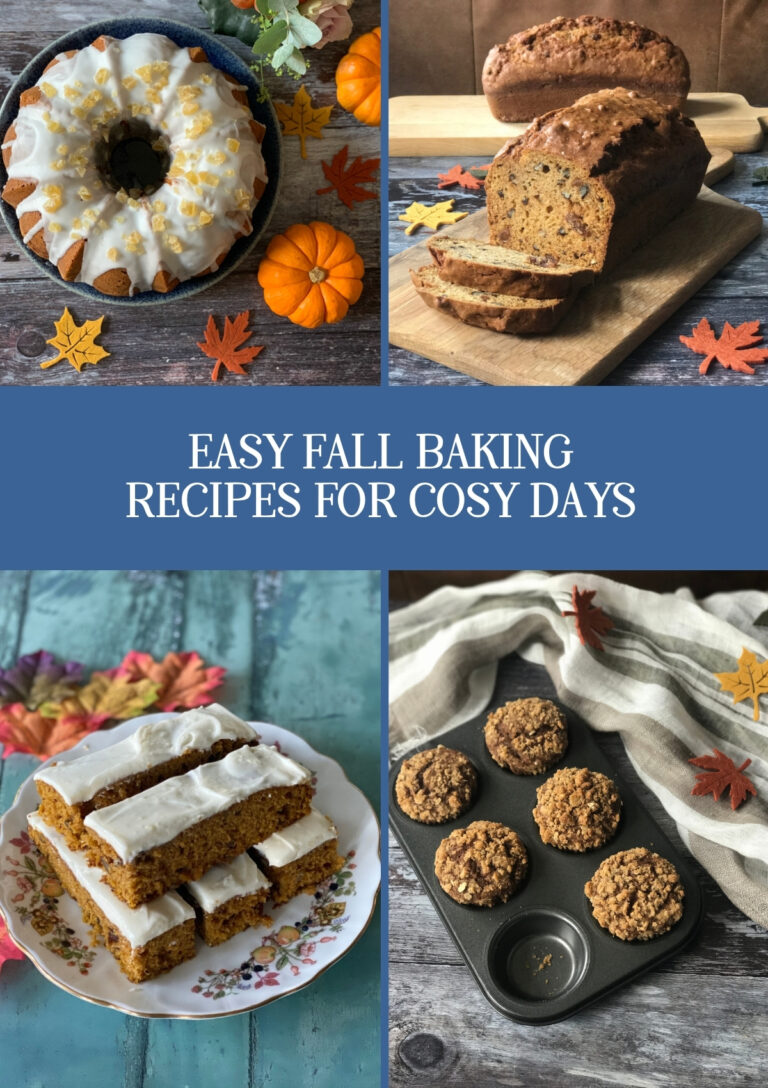 A collage of four recipes - a pumpkin Bundt cake, sweet potato bread, pumpkin cake and pumpkin gingerbread muffins with the words Easy Fall Baking Recipes for Cosy Days