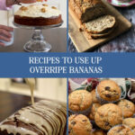 A collage of recipes made with bananas including banana cake, banana nut bread, banana gingerbread loaf and banana chia muffins
