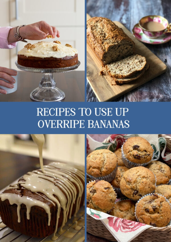 A collage of recipes made with bananas including banana cake, banana nut bread, banana gingerbread loaf and banana chia muffins