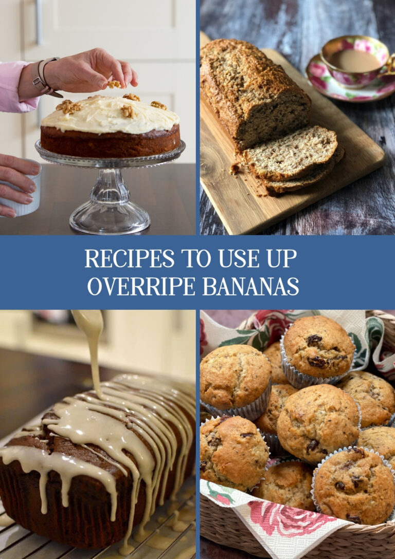 A collage of recipes made with bananas including banana cake, banana nut bread, banana gingerbread loaf and banana chia muffins