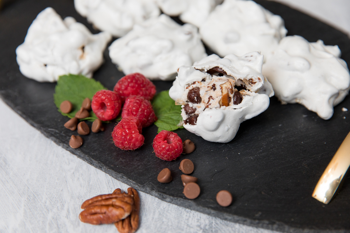 Chocolate Chip and Pecan Meringues served on a slate tray