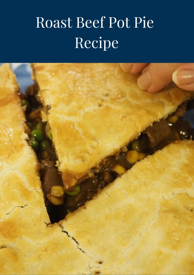 A slice being taken from a piece of a Roast Beef Pot Pie recipe. You can see the pie filling.