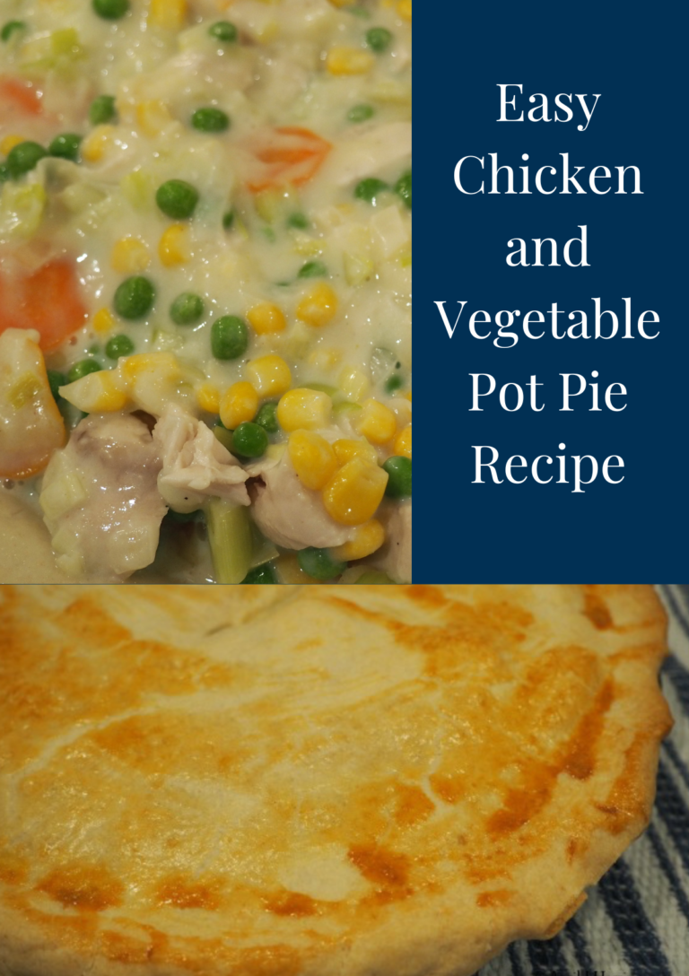 Easy Chicken and Vegetable Pot Pie header image with a photo of the filling and the outside of the pie