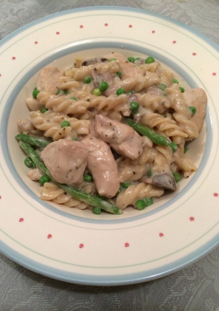 a generous serving of Chicken Noodle One Pot served in a pasta bowl