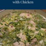 Petits Pois a la Francaise with Chicken served in a shallow blue Le Creuset casserole