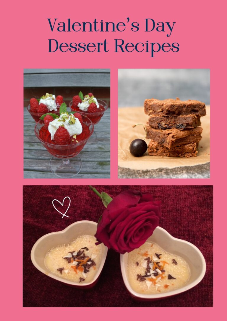 Valentines Day Dessert Recipes header image including photos of raspberry jelly with cream, brownies and a lemon posset in two small heart shaped dishes