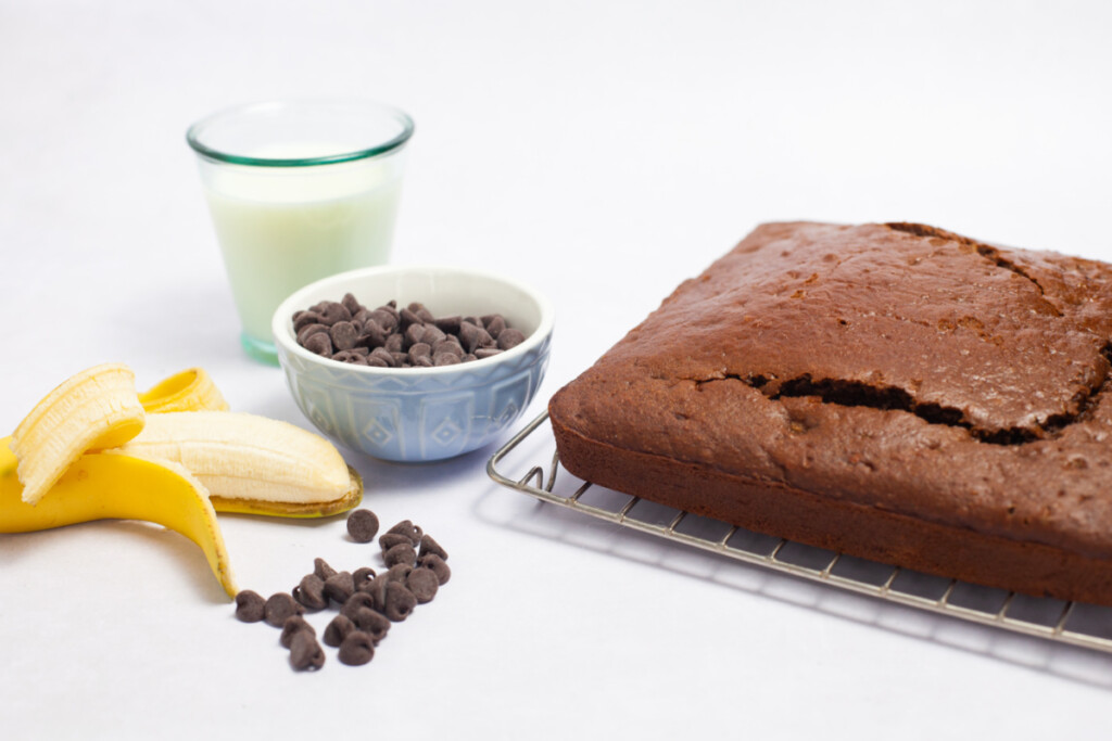 Chocolate Banana Snack Cake cooling on a wire rack