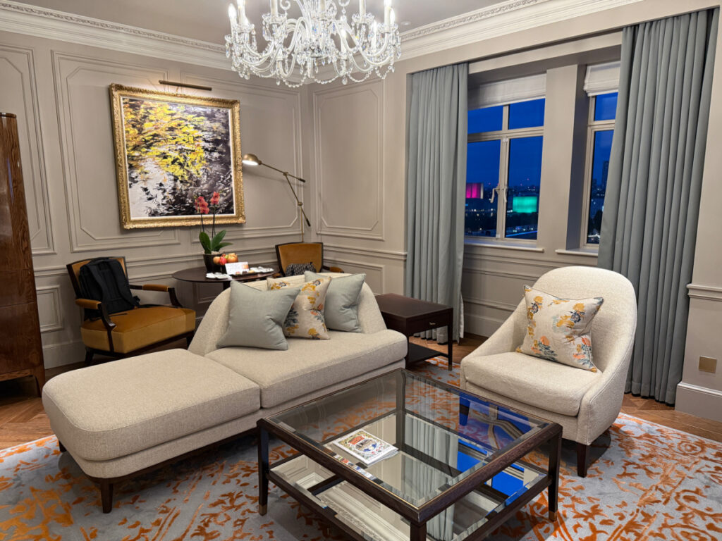 Sitting area in a river view suite at the Savoy Hotel London