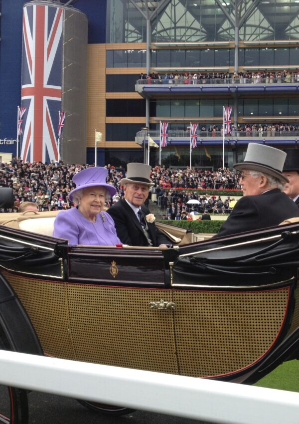 The late Queen at Royal Ascot pictured in a carriage with the late Prince Philip and their guests