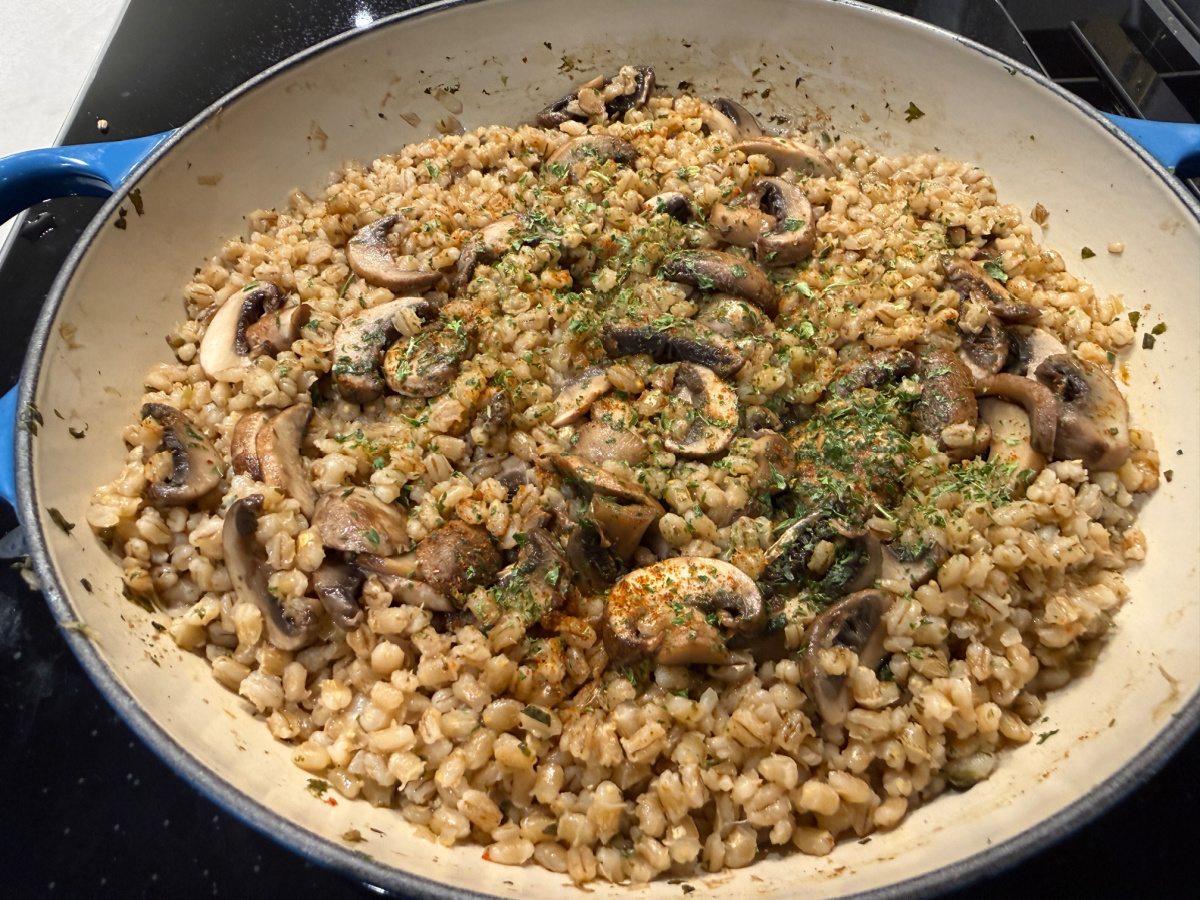 Prepared Mushroom Orzotto in a 26 cm Le Creuset Casserole pan
