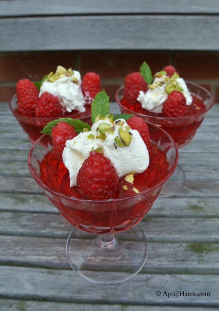 Raspberry and Rose Jelly and Cream served in crystal glasses