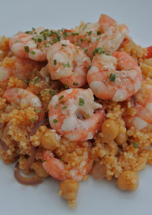 Close up of Moroccan Shrimp with Couscous