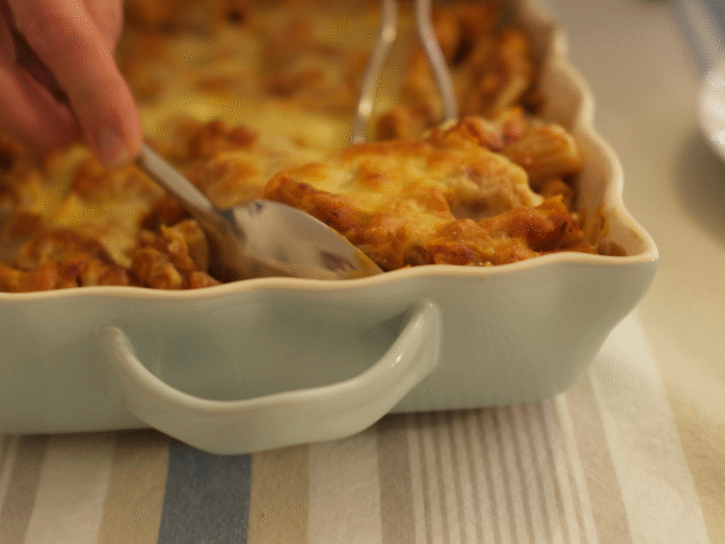A partial view of Spinach Florentine Casserole being spooned out of the dish as it is being served