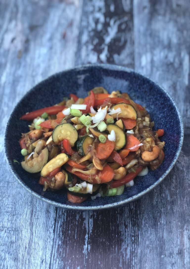 Cashew and Vegetable Stir Fry served in a blue bowl