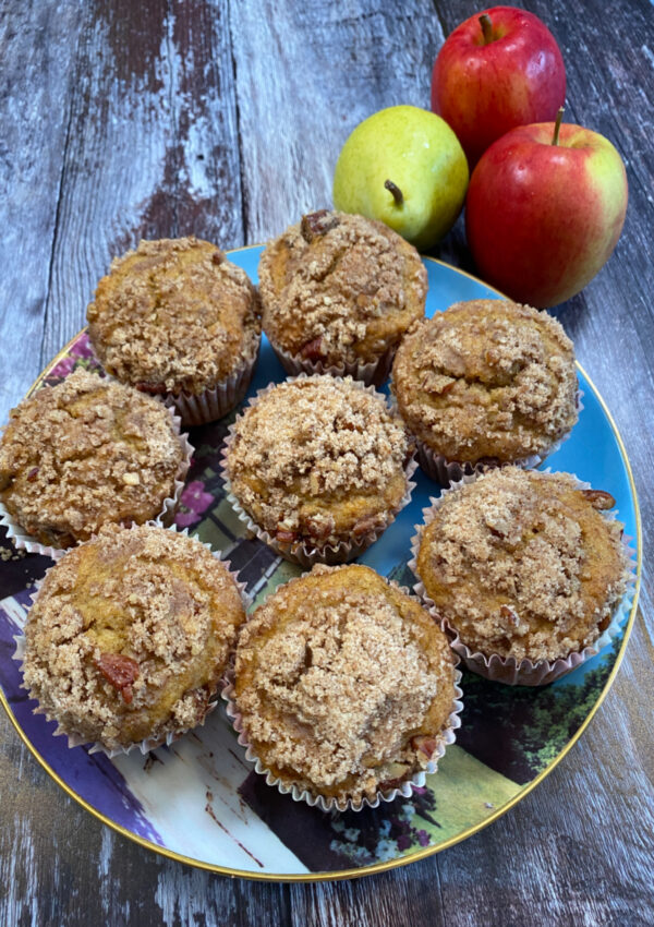 Apple Pear and Pecan Muffins on a plate