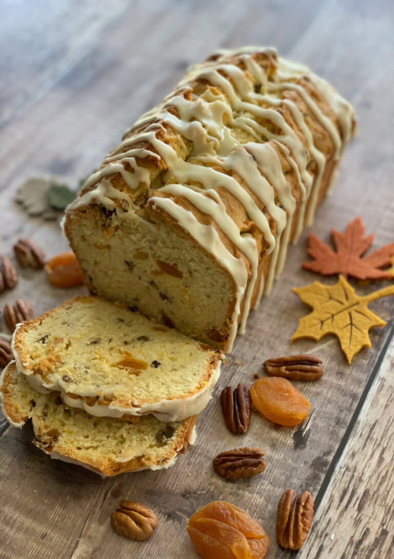 Glazed Apricot Pecan Loaf sliced and served