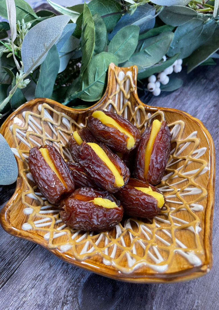 Marzipan Dates in a candy dish