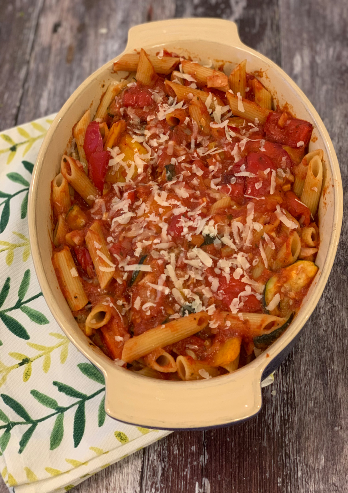 Roast Vegetable Pasta Bake in a Casserole ready to serve