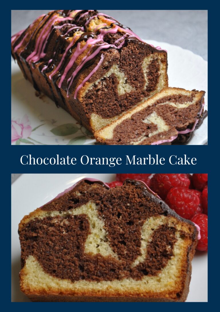 Two photos of Chocolate Orange Marble Cake one the whole loaf, the other the close up of a slice