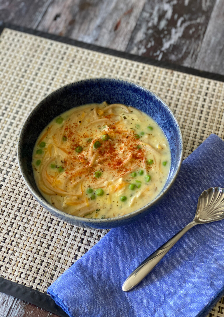 Chicken Noodle Soup served in a blue bowl