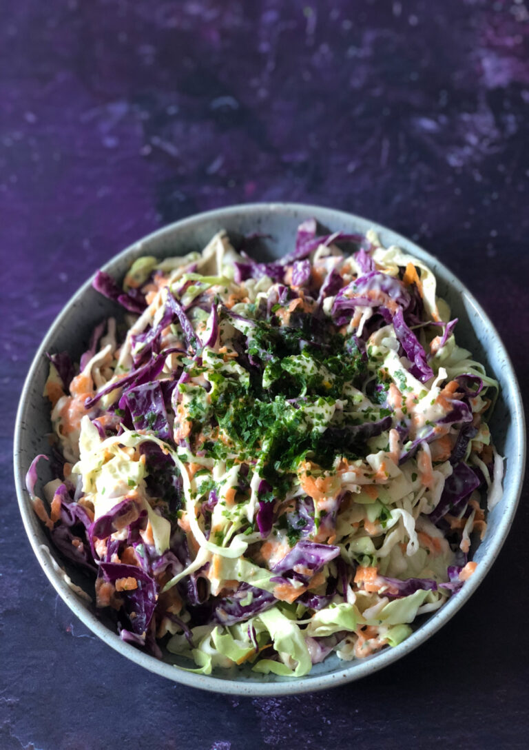 Easy homemade coleslaw in blue serving bowl