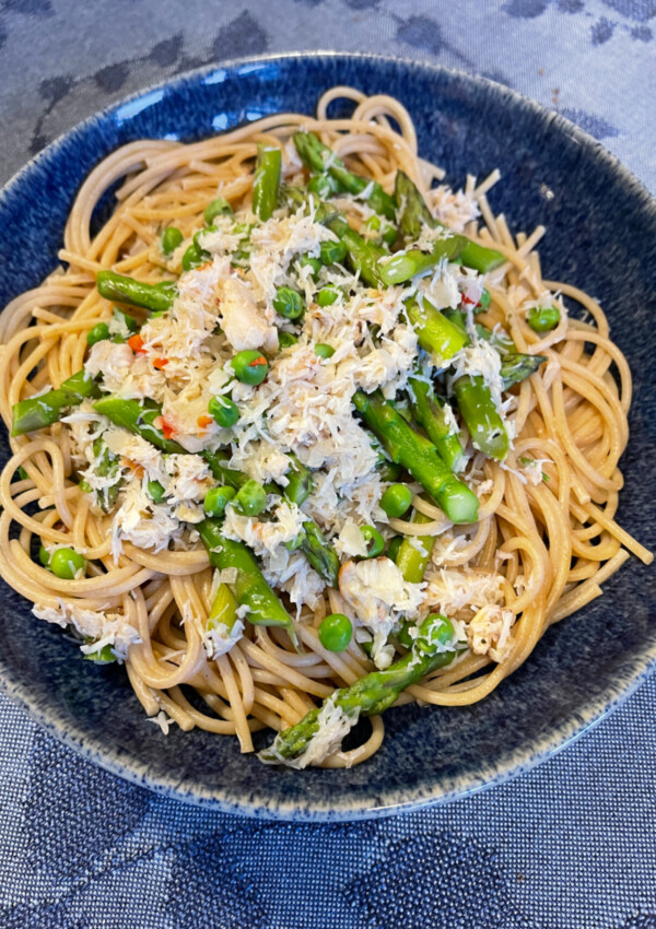 Crab Linguini served in a blue bowl