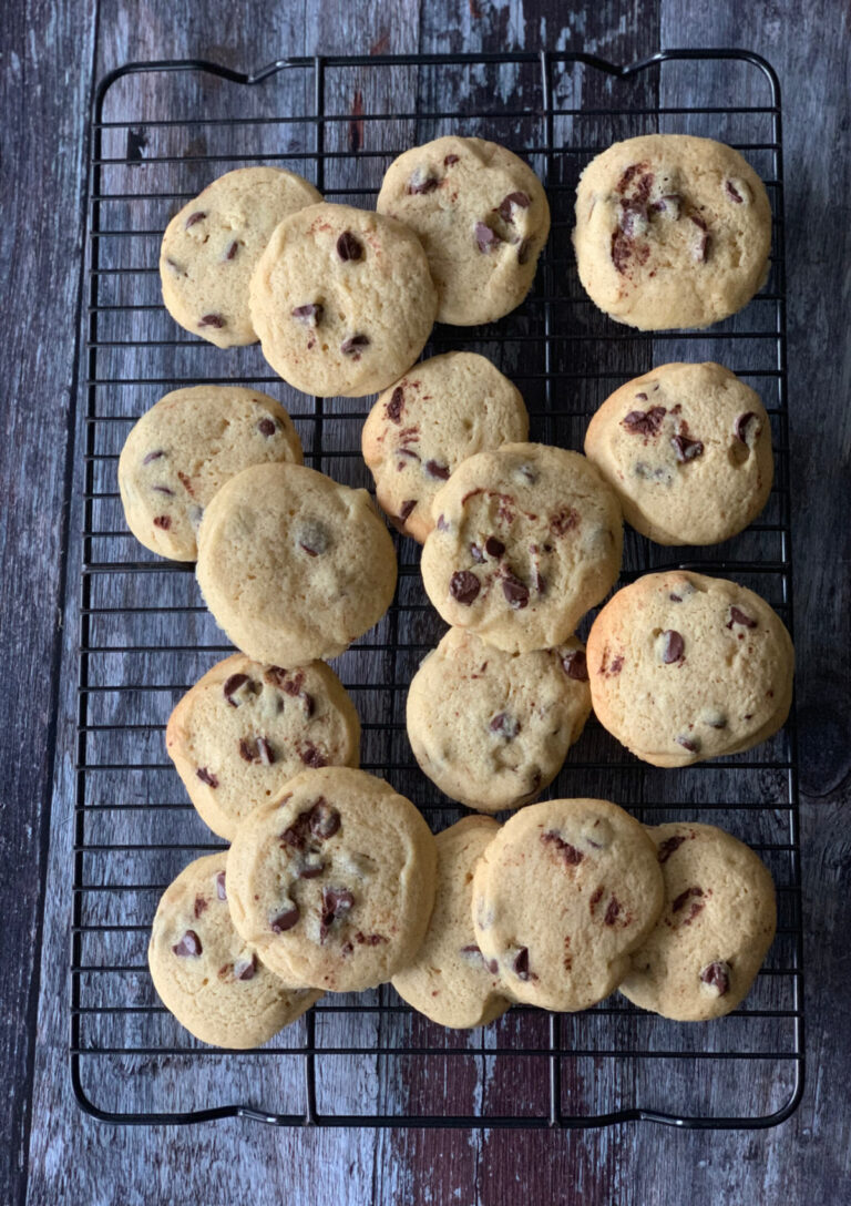 Chocolate Chip Slice and Bake Cookies on a cooling rack
