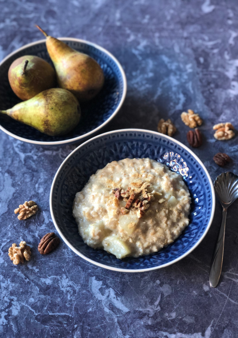 Pear Walnut and Ginger Porridge served in a bowl