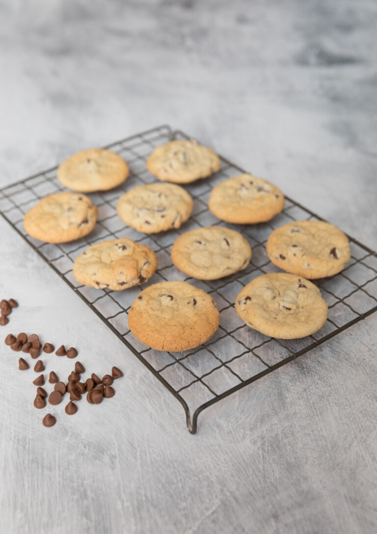 Old Fashioned Chocolate Chip Cookies cooking on a wire rack