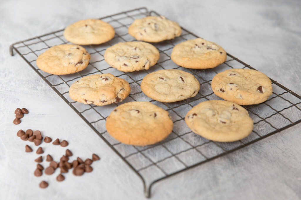Old Fashioned Chocolate Chip Cookies on a wire cooling rack