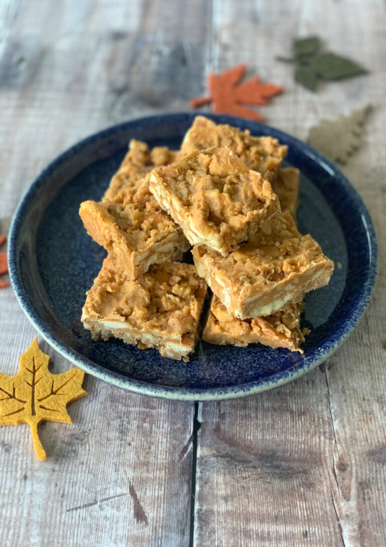 No-Bake Butterscotch Squares served on a blue plate