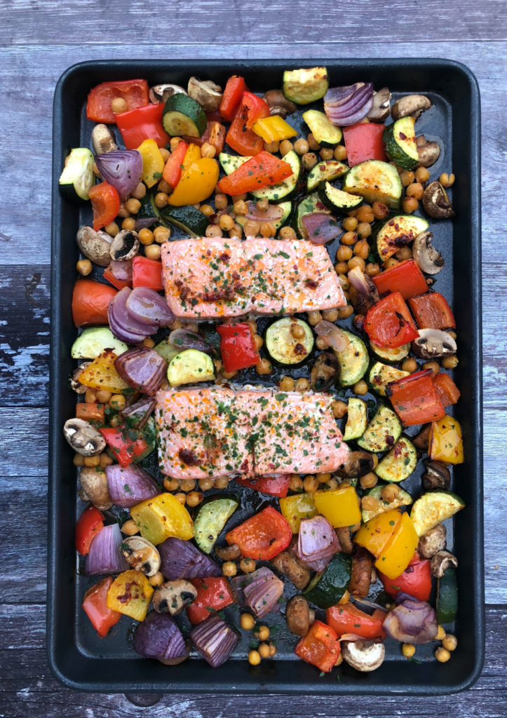 A tray of Salmon and Roasted Mediterranean Vegetables
