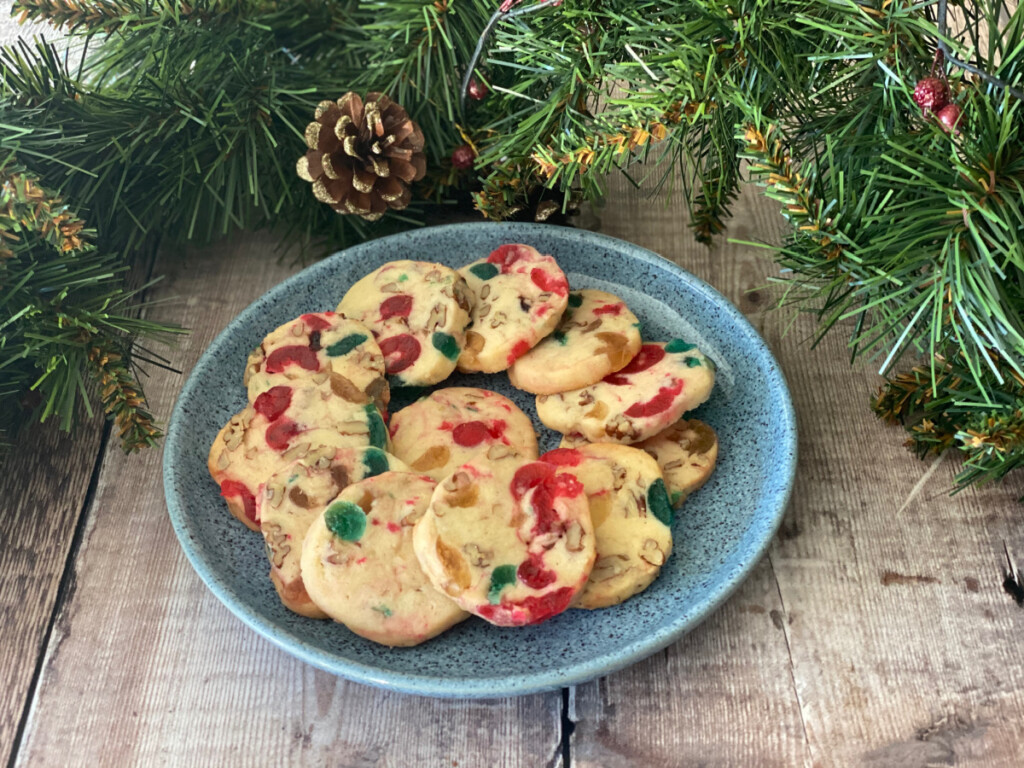 Cherry Christmas Cookies - one of my best cookie recipes - served on. a blue plate.